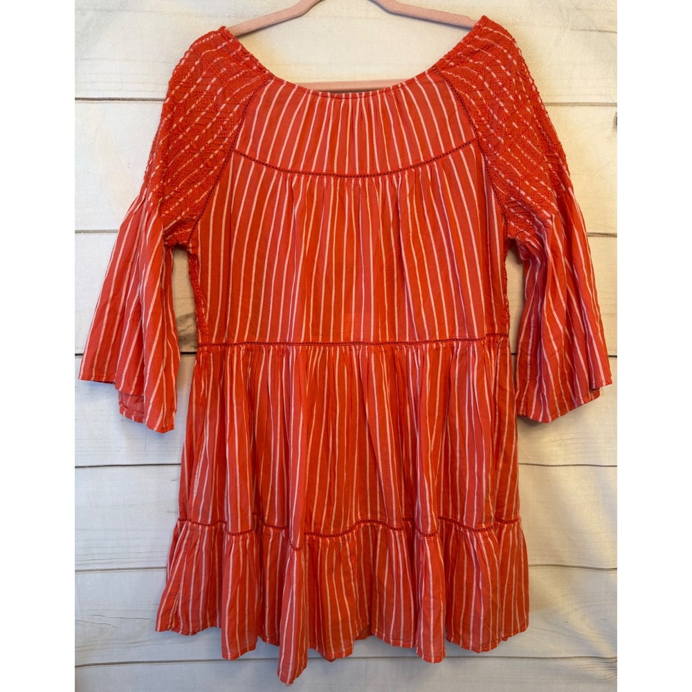 Free People Capri Orange Striped Mini Dress OB1015986 Boho Bell Sleeve Small